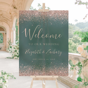 Panneau En Acrylique Rose Gold Pailleté Vert Foncé Mariage Bienvenue
