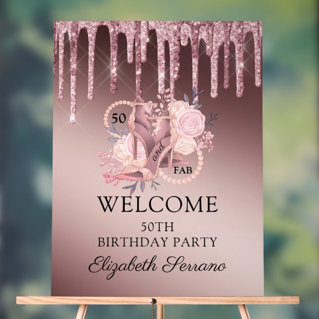 Panneau En Acrylique Rose Gold Parties scintillant Drips 50e anniversai (Neutre)