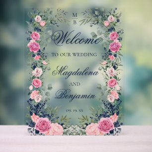 Panneau En Acrylique Rose Navy Bleu Floral Végétal Mariage Bienvenue