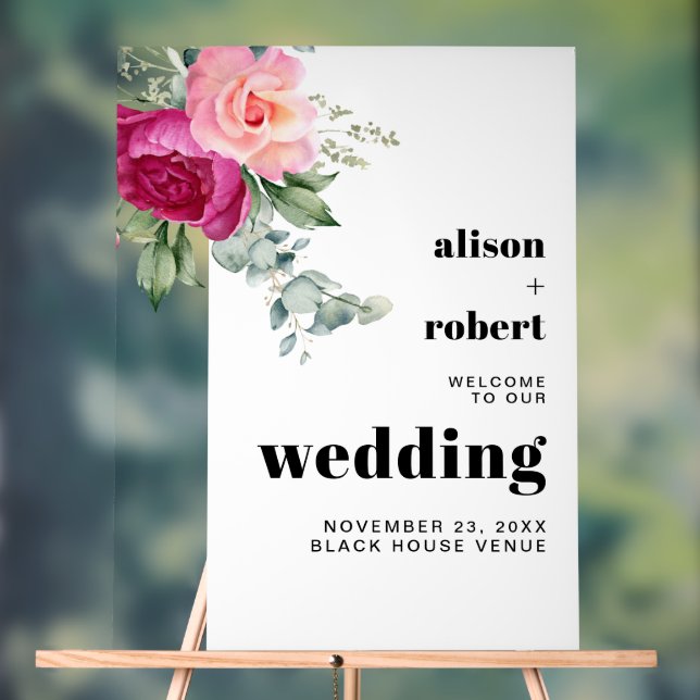 Panneau En Acrylique Rose rose eucalyptus mariage BIENVENUE (Neutre)