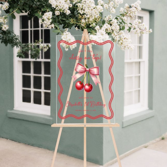 Panneau En Acrylique Rose Rouge Coquette Cerise 1er Anniversaire Bienve (Pink Red Coquette Cherry 1st Birthday Welcome Acrylic Sign)