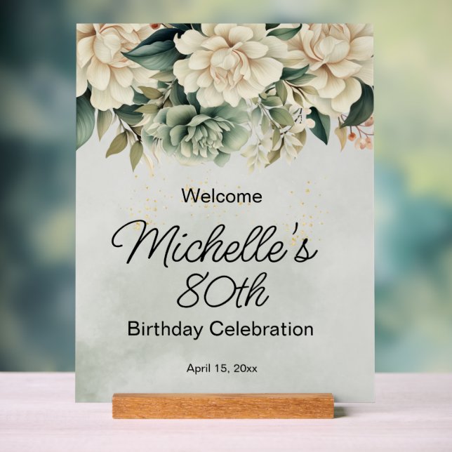 Panneau En Acrylique Roses Blanches Vert Sauge 80e Anniversaire (Neutre)