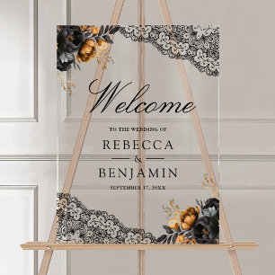 Panneau En Acrylique Roses en or noir dentelle mariage gothique de bien