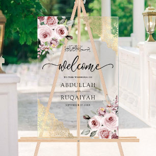 Panneau En Acrylique Roses roses or lacet doré Bienvenue Mariage Musulm