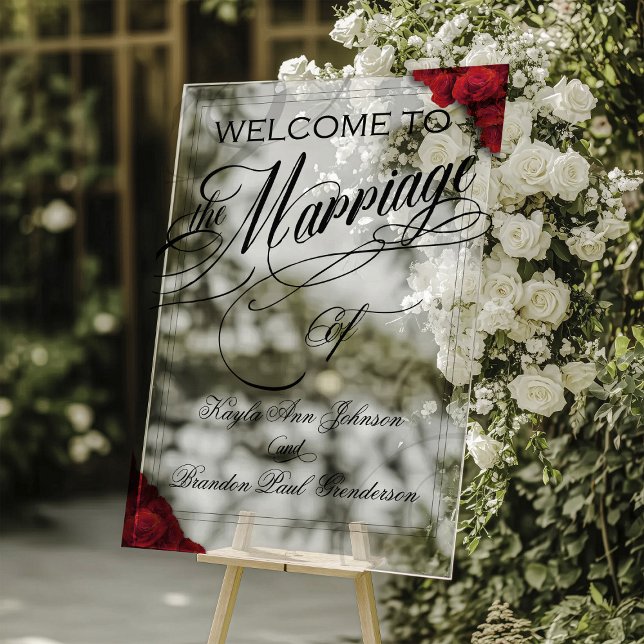 Panneau En Acrylique Roses rouges classiques Mariage Floral Bienvenue (Red Roses Acrylic Wedding sign with script)