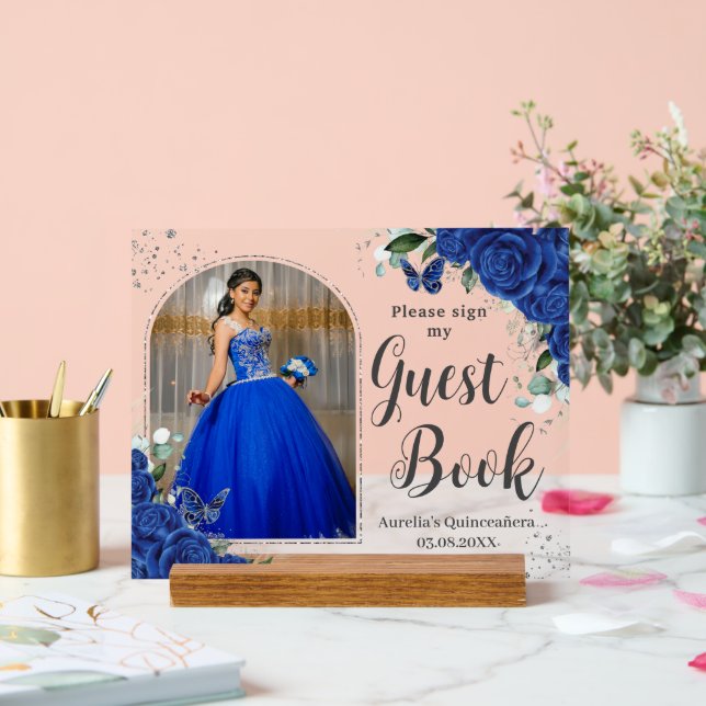 Panneau En Acrylique Royal Blue Floral Silver Quinceanera 16 Livre d'hô (Mariage)