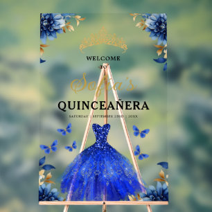 Panneau En Acrylique Royal Blue Gold Princess Quinceañera Bienvenue