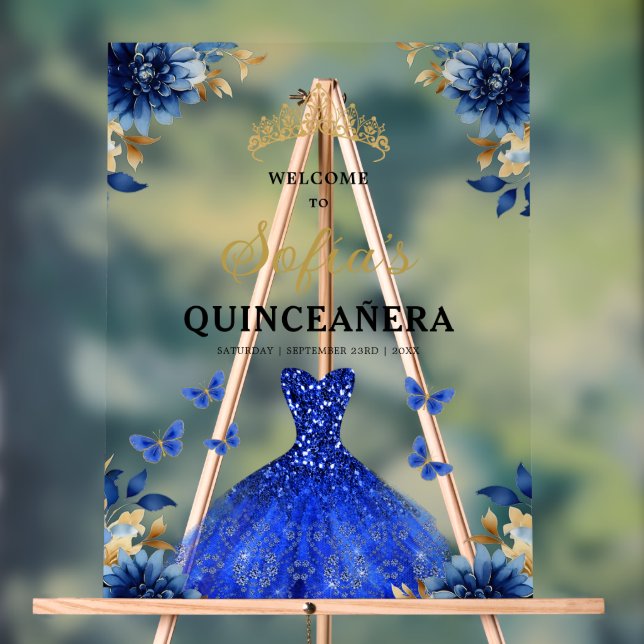 Panneau En Acrylique Royal Blue Gold Princess Quinceañera Bienvenue (Neutre)
