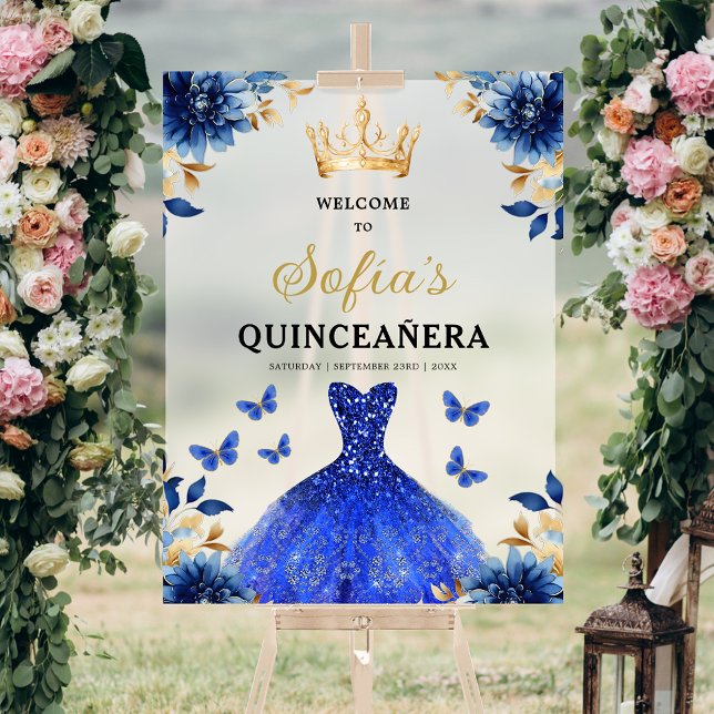 Panneau En Acrylique Royal Blue Gold Princess Quinceañera Bienvenue (Créateur téléchargé)