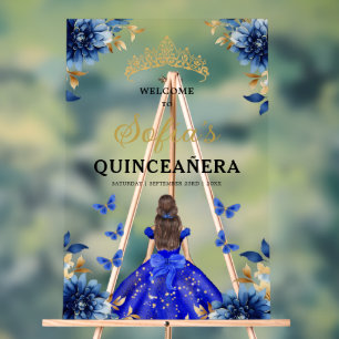 Panneau En Acrylique Royal Blue Gold Princess Quinceañera Bienvenue