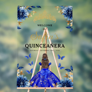Panneau En Acrylique Royal Blue Gold Princess Quinceañera Bienvenue