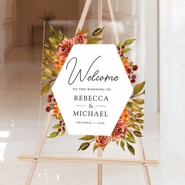 Panneau En Acrylique Rustic Burnt Orange Floral Wedding Welcome (Créateur téléchargé)