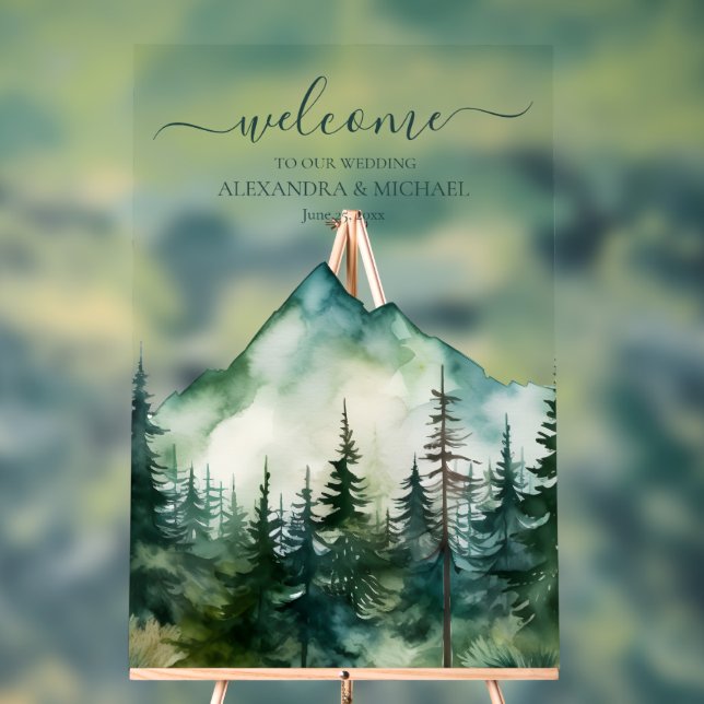 Panneau En Acrylique Rustic Mountain Forest Evergreen Tree Wedding (Neutre)