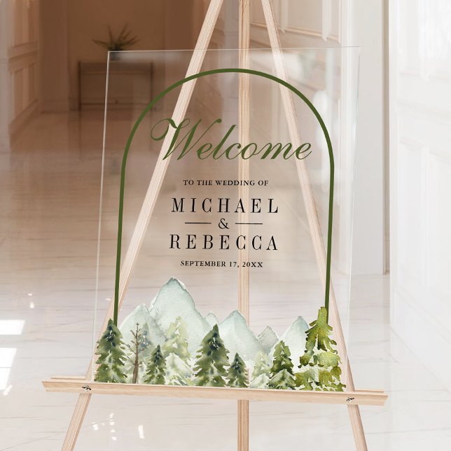 Panneau En Acrylique Rustic Mountain Pine Trees Wedding Welcome (Créateur téléchargé)