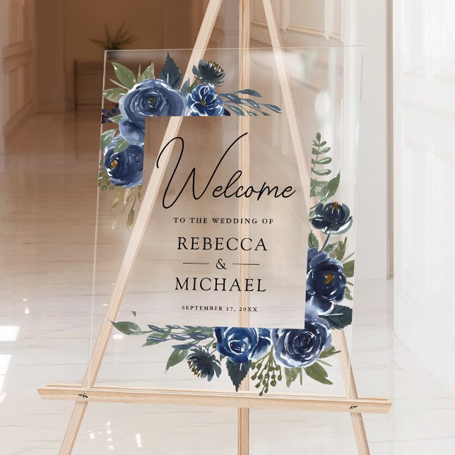 Panneau En Acrylique Rustic Navy Blue Floral Wedding Welcome (Créateur téléchargé)