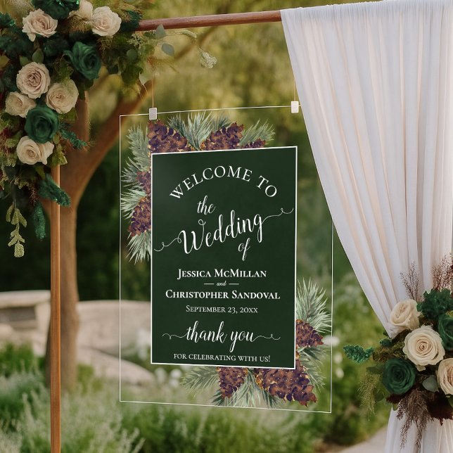 Panneau En Acrylique Rustic Pinecones & Pine Branches Wedding Welcome (Créateur téléchargé)