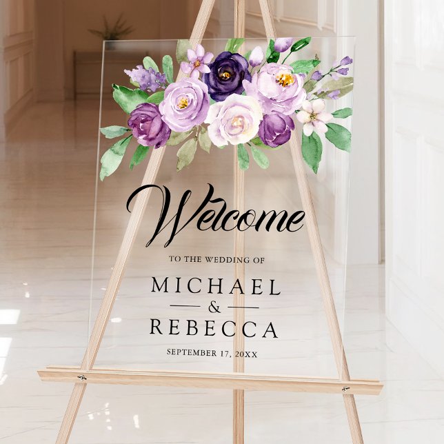 Panneau En Acrylique Rustic Purple Floral Wedding Welcome (Créateur téléchargé)
