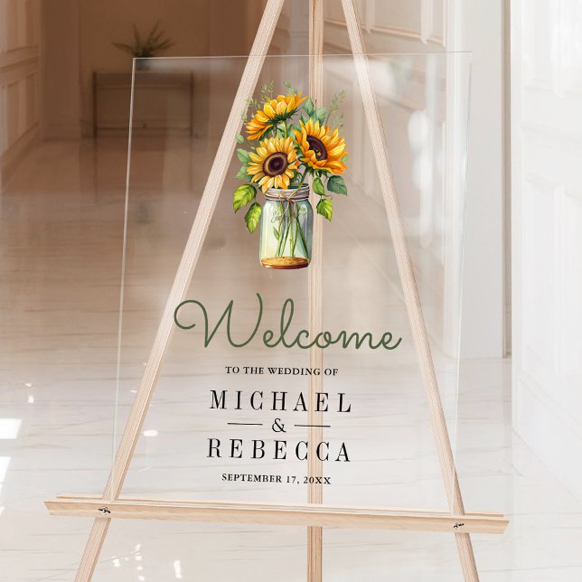 Panneau En Acrylique Rustic Sunflowers Mason Jar Wedding Welcome (Créateur téléchargé)