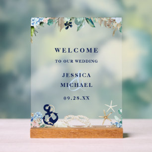 Panneau En Acrylique Rustique Floral Ancre Beach Mariage Bienvenue