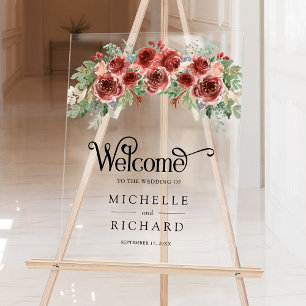 Panneau En Acrylique Rustique Marsala Floral Bienvenue au Mariage