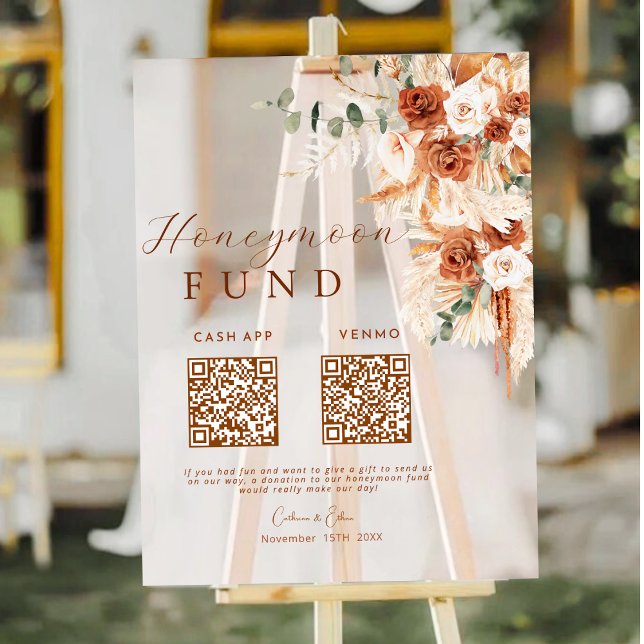 Panneau En Acrylique Rustique Terracotta Floral Honeymoon Fund Code QR (Créateur téléchargé)