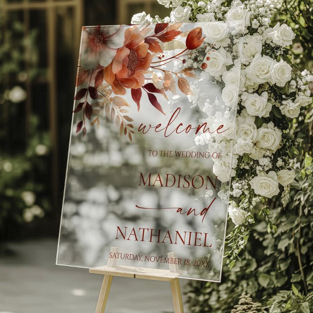 Panneau En Acrylique Rusty Burgundy Brown Floral Wedding Welcome (Créateur téléchargé)