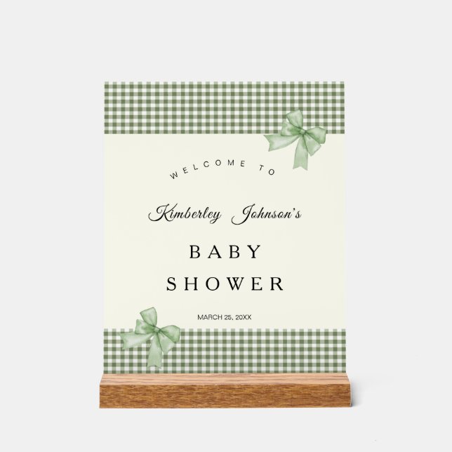 Panneau En Acrylique Sage Green En vichy Baby shower Invitation et vach (Recto)