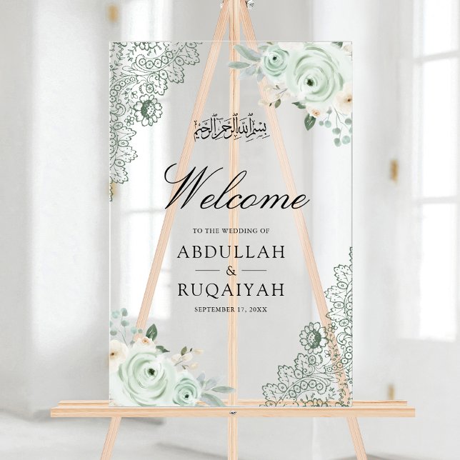Panneau En Acrylique Sage Green Floral Lace Muslim Wedding Welcome (Créateur téléchargé)