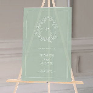 Panneau En Acrylique Sage Green Leafer Crest Monogramme Mariage de bien
