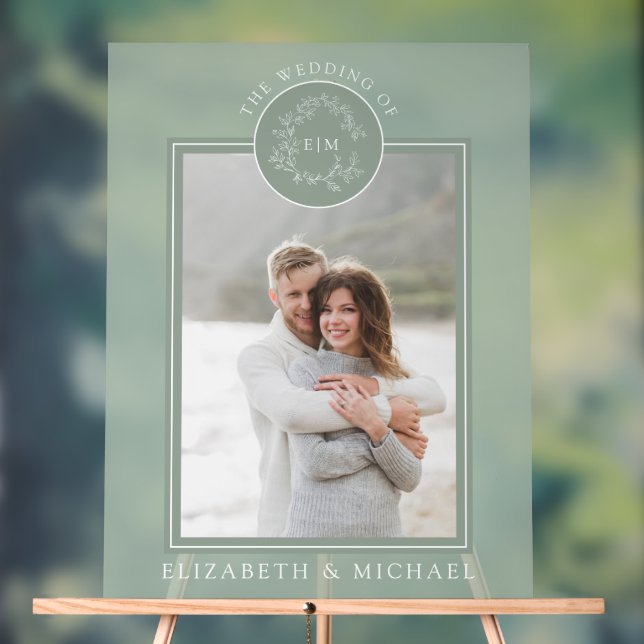 Panneau En Acrylique Sage Green Leafy Crest Monogramme Mariage photo (Neutre)
