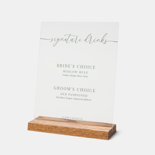 Panneau En Acrylique Sage Green Moderne Élégant Mariage Signature Boiss (Angle)