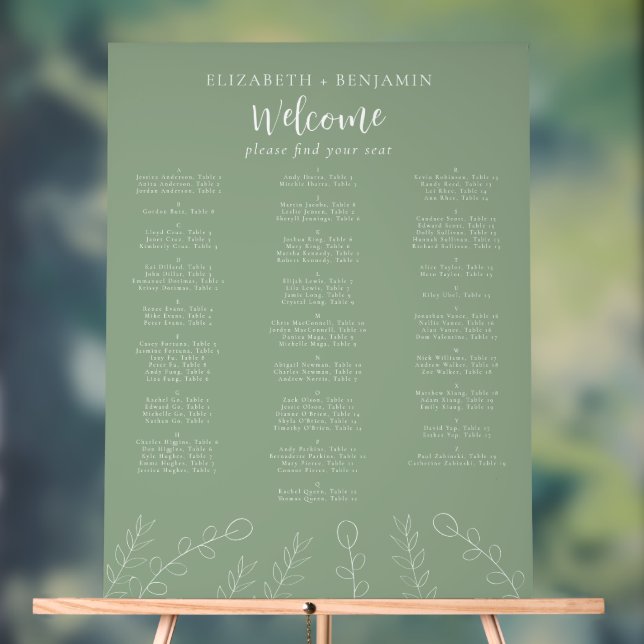 Panneau En Acrylique Sage Green Wedding Alphabetical Seating Chart  (Neutre)