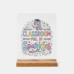 Panneau En Acrylique Salle de classe licorne pleine de paillettes Merch