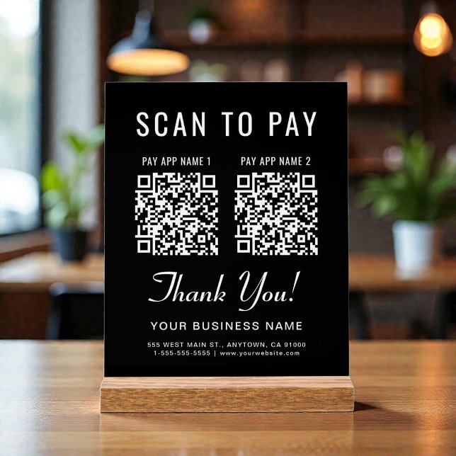 Panneau En Acrylique Scan to Pay 2 QR Codes Tabletop Black (Scan to Pay 2 QR Codes Tabletop Black Acrylic Sign)