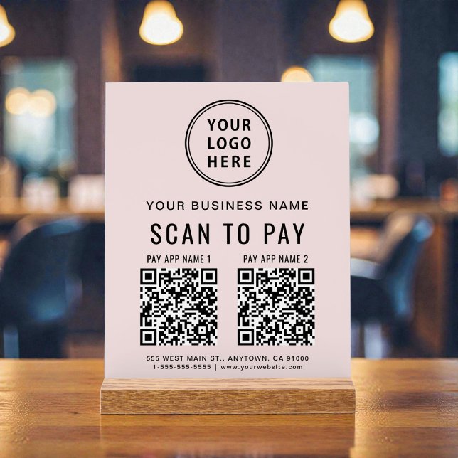 Panneau En Acrylique Scanner pour Payer Code QR Rose Dessus de Table (Scan to Pay QR Code Pink Tabletop Acrylic Sign)