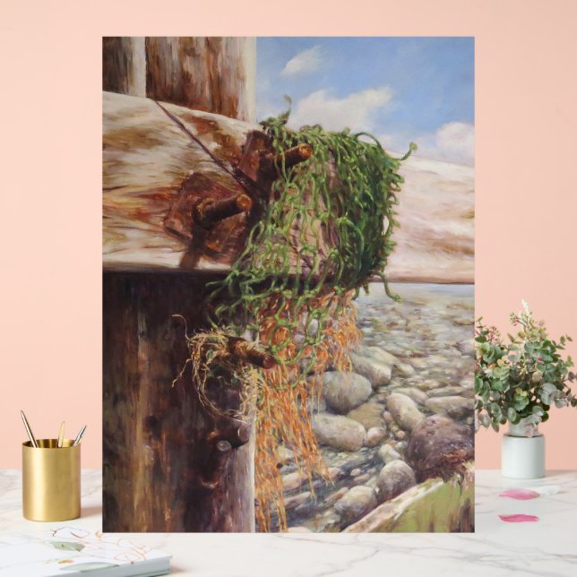 Panneau En Acrylique Scène côtière avec galets et bois Patiné. (Mariage)