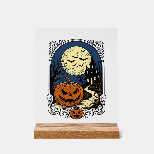 Panneau En Acrylique Scène de citrouille hantée Art vectoriel Halloween (Recto)