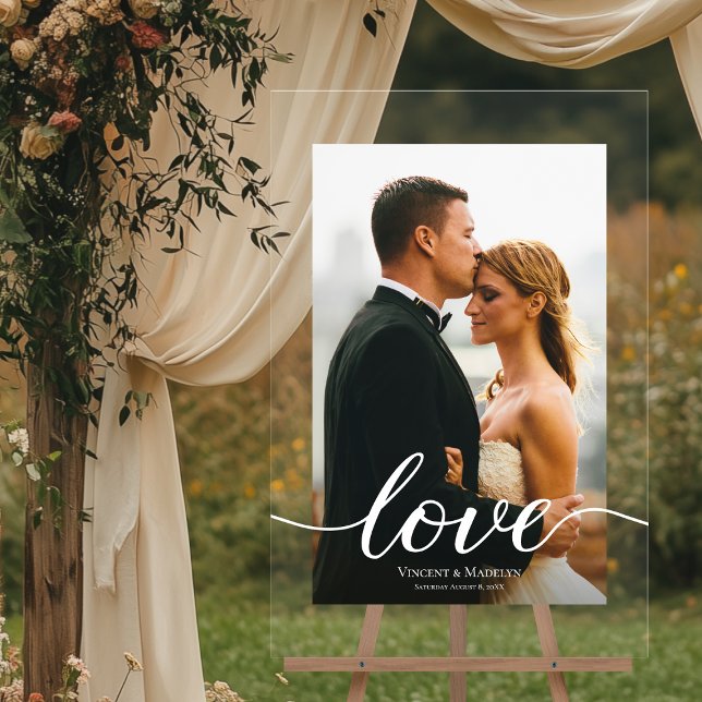 Panneau En Acrylique Script d'amour moderne Photo personnalisée Mariage (24 x 36 vertical WEDDING welcome custom PHOTO, names and date acrylic sign with love script)