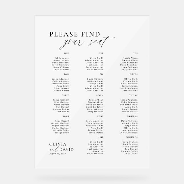 Panneau En Acrylique Script élégant Trouvez votre siège Mariage signe a (Recto)