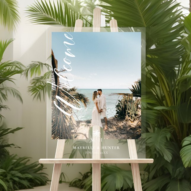 Panneau En Acrylique Script minimal Accueil Mariage photo Palm Monogram (Minimal Script Welcome Wedding Photo Palm Monogram Acrylic Sign)