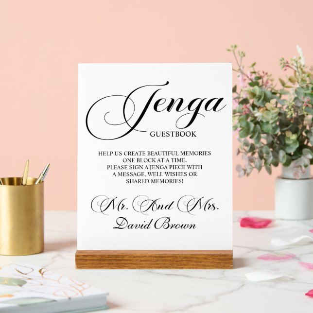 Panneau En Acrylique Script moderne Jenga Mariage livre d'or (Mariage)