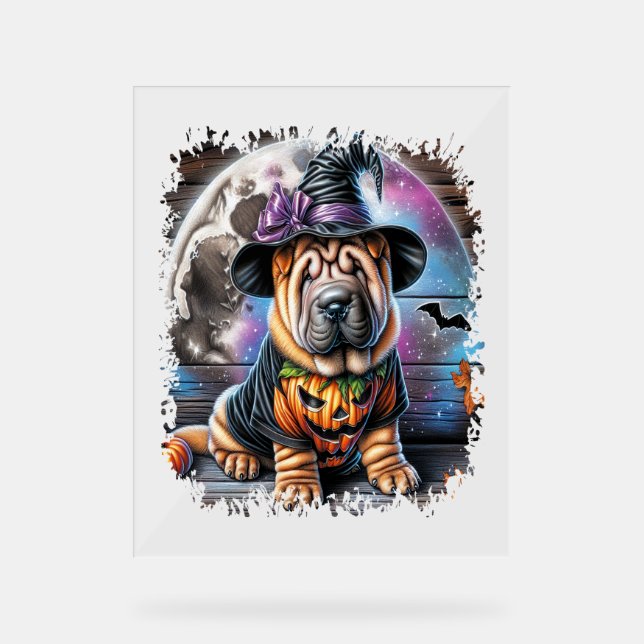 Panneau En Acrylique Shar Pei Chien Carré d'Halloween (Recto)