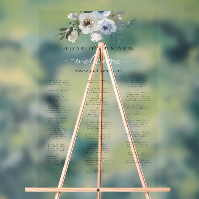 Panneau En Acrylique Siège Alphabétique Floral Mariage bleu Dusty (Neutre)