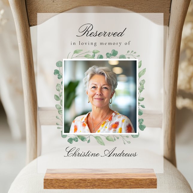 Panneau En Acrylique Siège réservé - Mariage commémoratif Eucalyptus (Reserved Seat - Custom Eucalyptus Memorial Wedding White Transparent Photo Acrylic Sign )