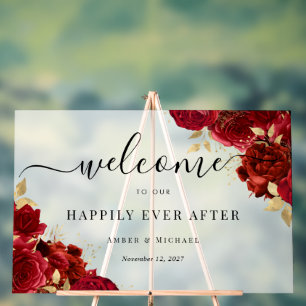 Panneau En Acrylique Signe Acrylique de Mariage Red Gold Happily Ever A