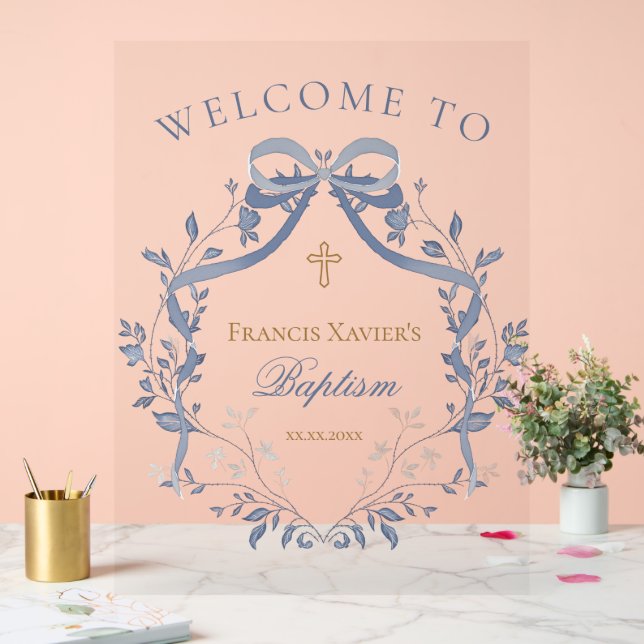 Panneau En Acrylique Signe de bienvenue baptême élégant ruban bleu (Mariage)