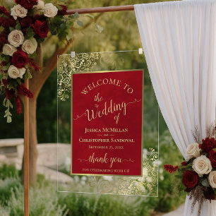 Panneau En Acrylique Signe de bienvenue de mariage élégant rouge cramoi