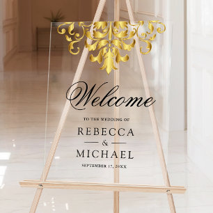 Panneau En Acrylique Signe de bienvenue de mariage en damas d'or blanc