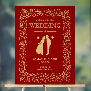 Panneau En Acrylique Signe de bienvenue de mariage Luxe Rouge & Or Anti