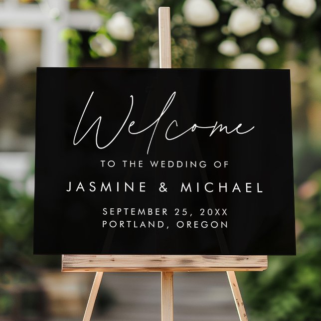 Panneau En Acrylique Signe de bienvenue de mariage moderne noir et blan (Créateur téléchargé)